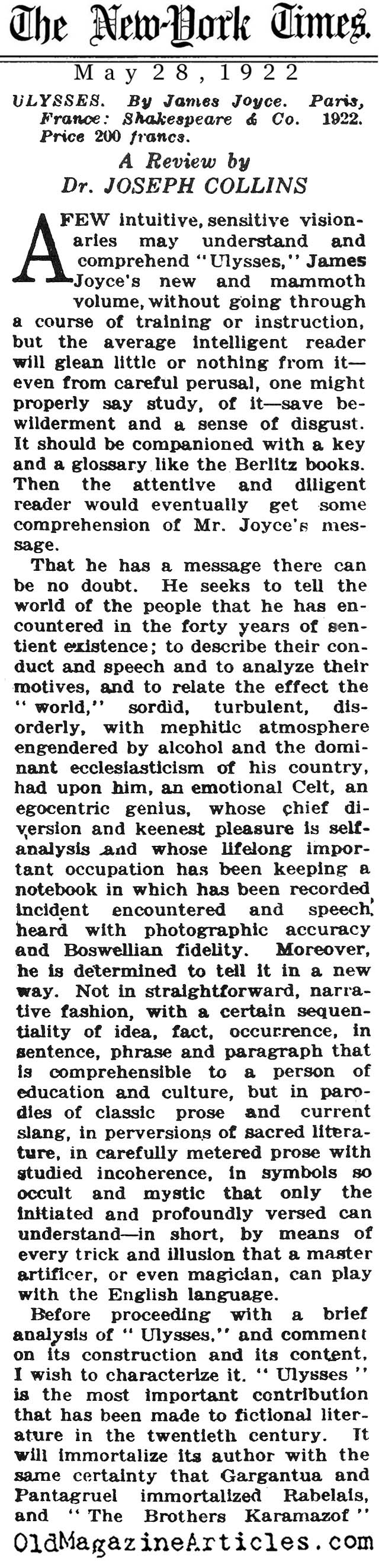<em>Ulysses</em> by James Joyce (NY Times, 1922)