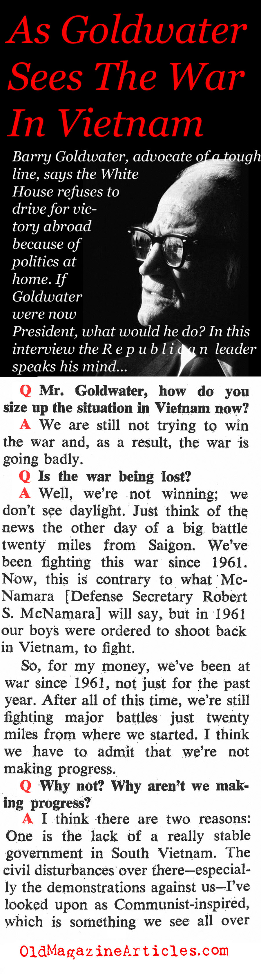 commando Nachtvlek gips SENATOR BARRY GOLDWATER SUPPORT FOR VIETNAM WAR - Magazine Article - Old  Magazine Articles