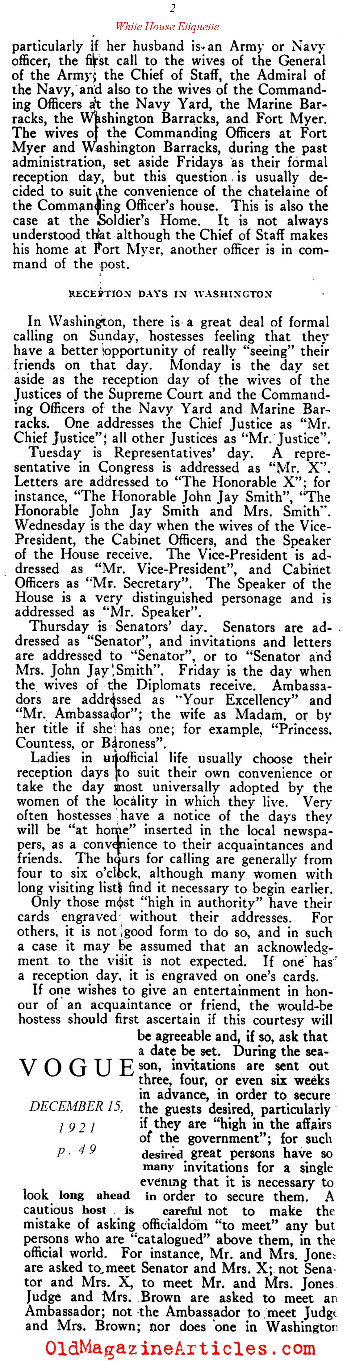 Social Customs in Washington, D.C. (Vogue Magazine, 1921)