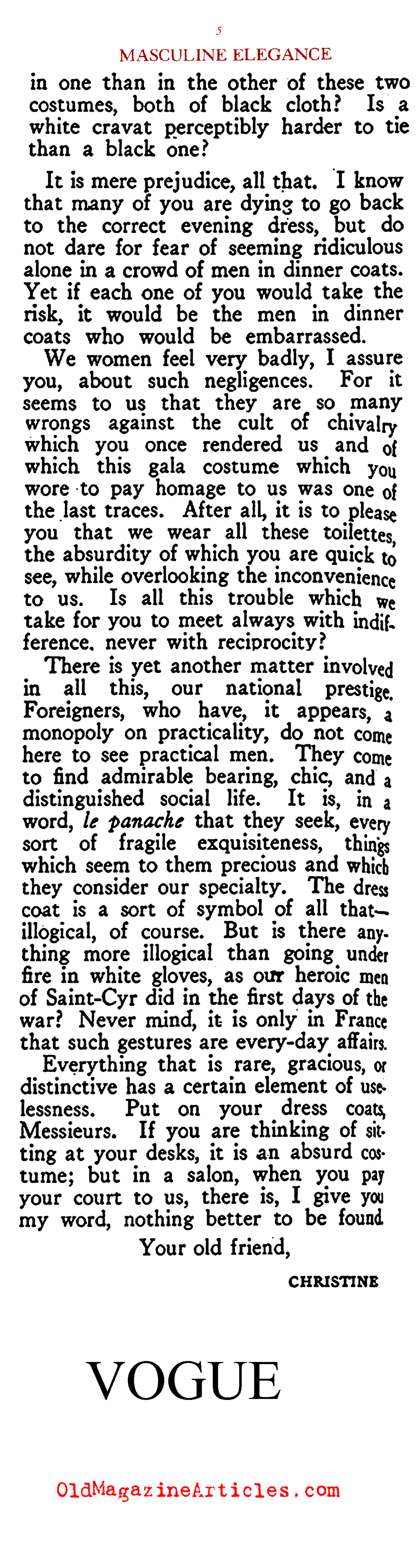 The Decline of Masculine Elegance (Vogue Magazine, 1922)