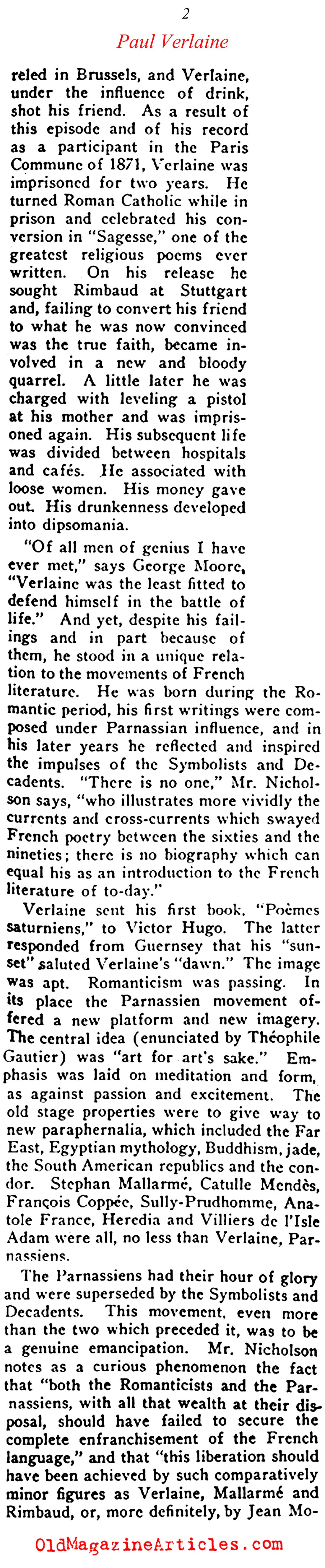 Harold Nicolson on Paul Verlaine (Current Opinion, 1921)