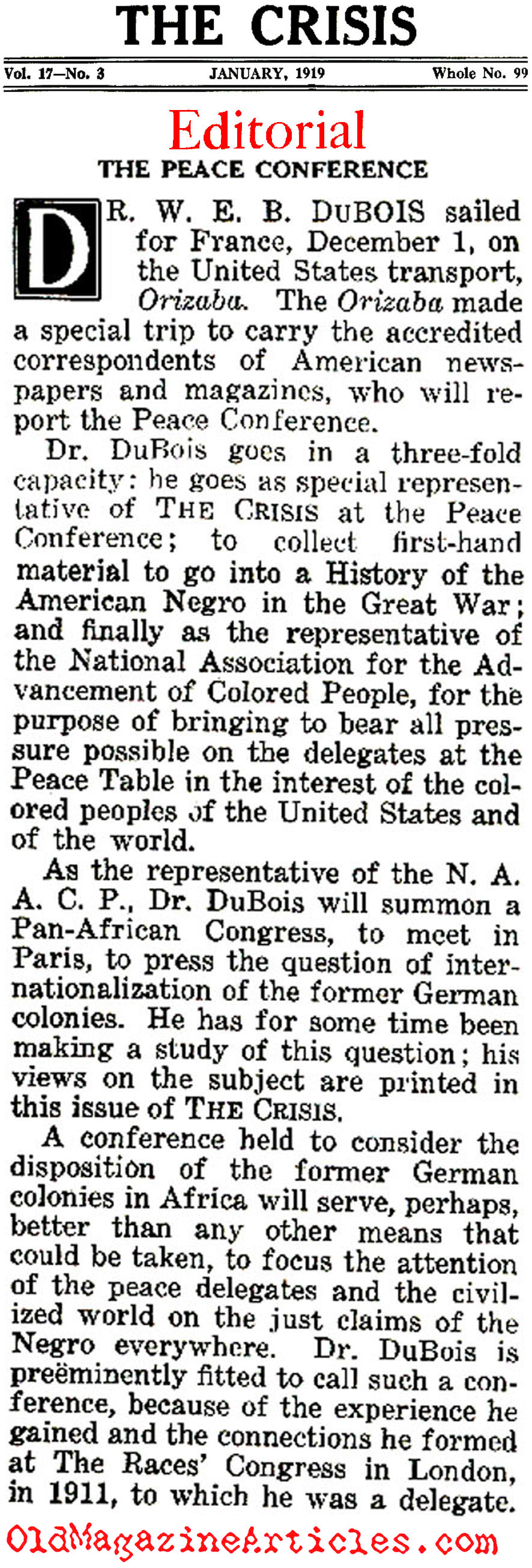 Dr. W.E.B. Dubois Will Attend The Peace Conference (The Crises, 1919)