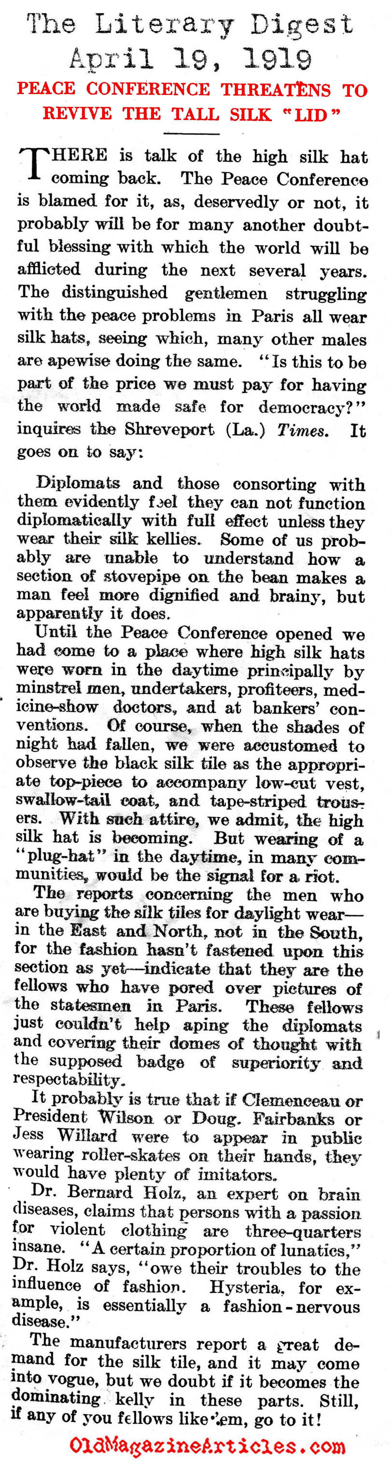 Paris, 1919 : To Make the World Safe for Top Hats (Literary Digest, 1919)