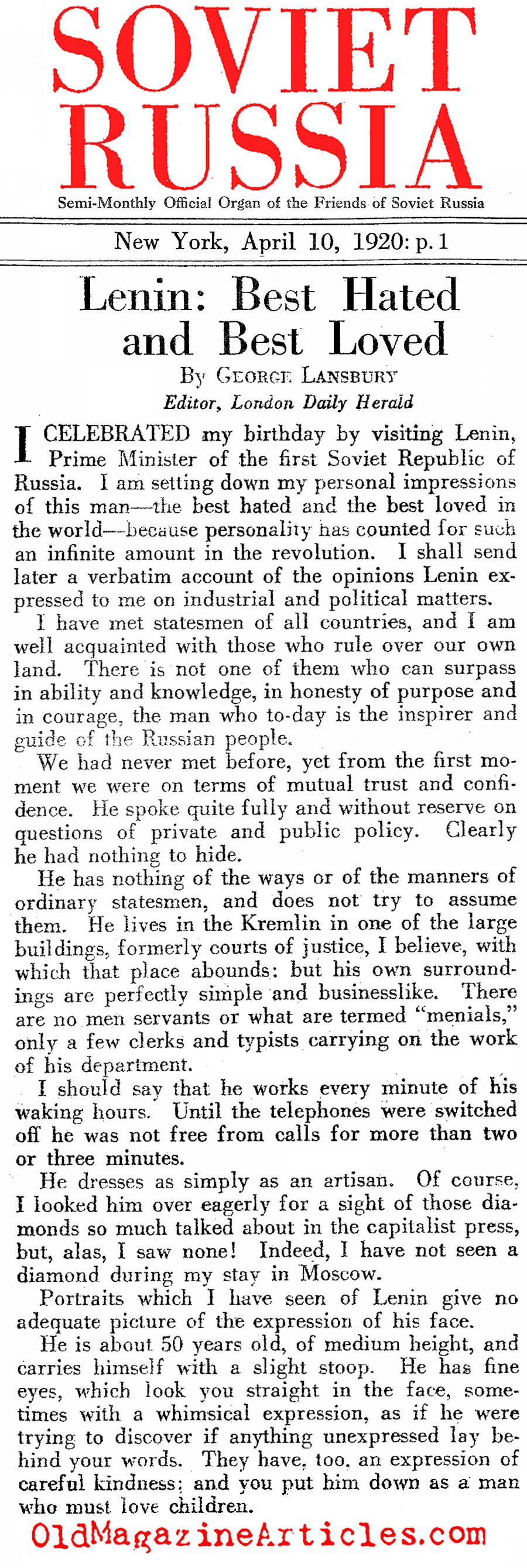 A Love Letter to Lenin (Soviet Russia Magazine, 1920)