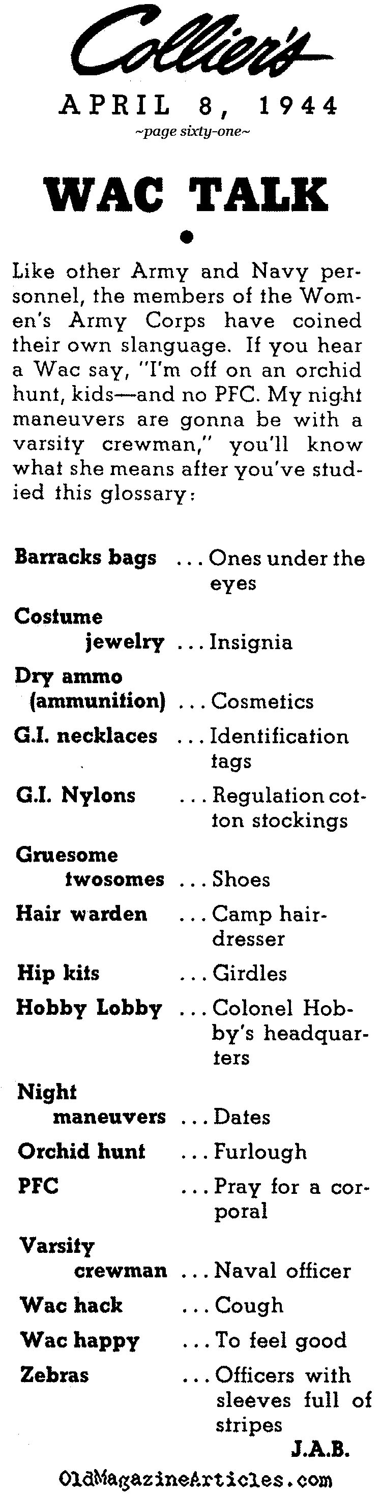 A Glossary of WAC Slang (Collier's Magazine, 1944)