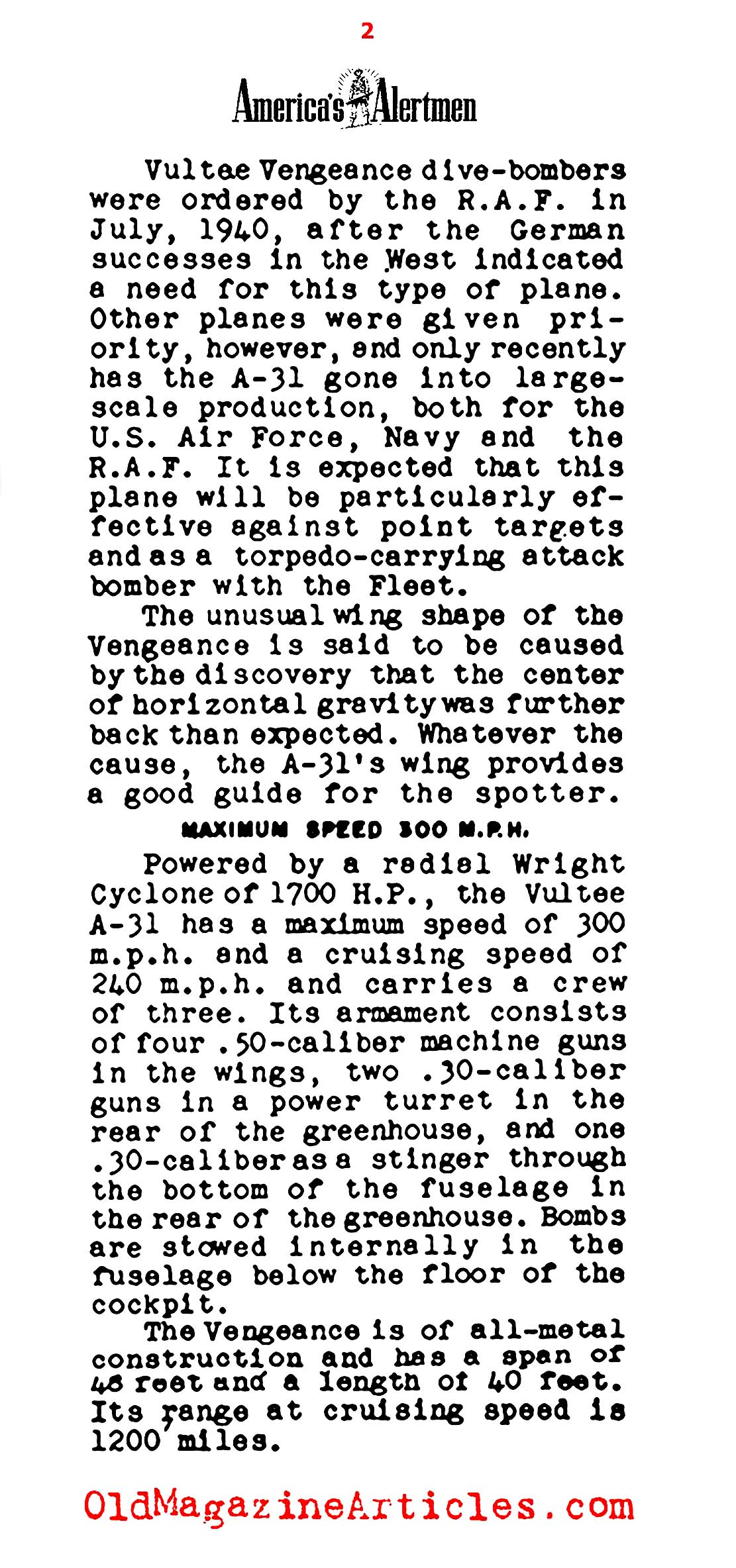 The Vultee Vengence A-31 Dive Bomber (Alertman, 1943)