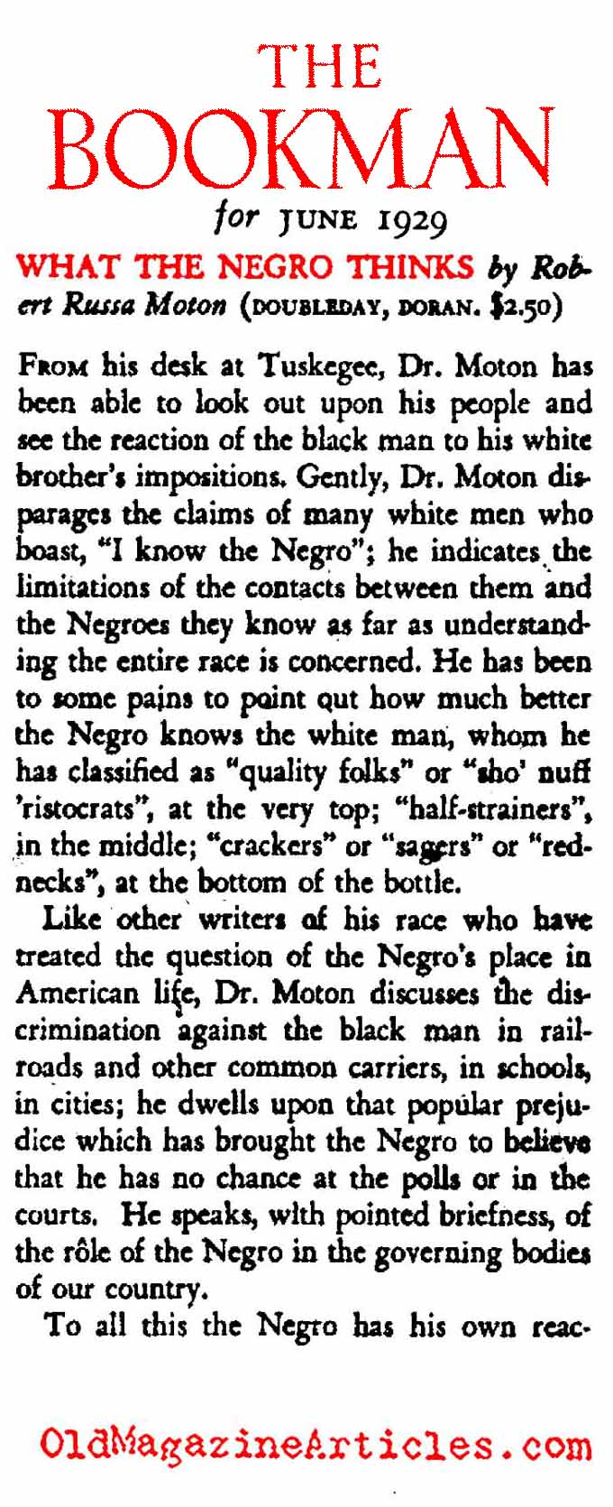 What the Negro Thinks (The Bookman, 1929)