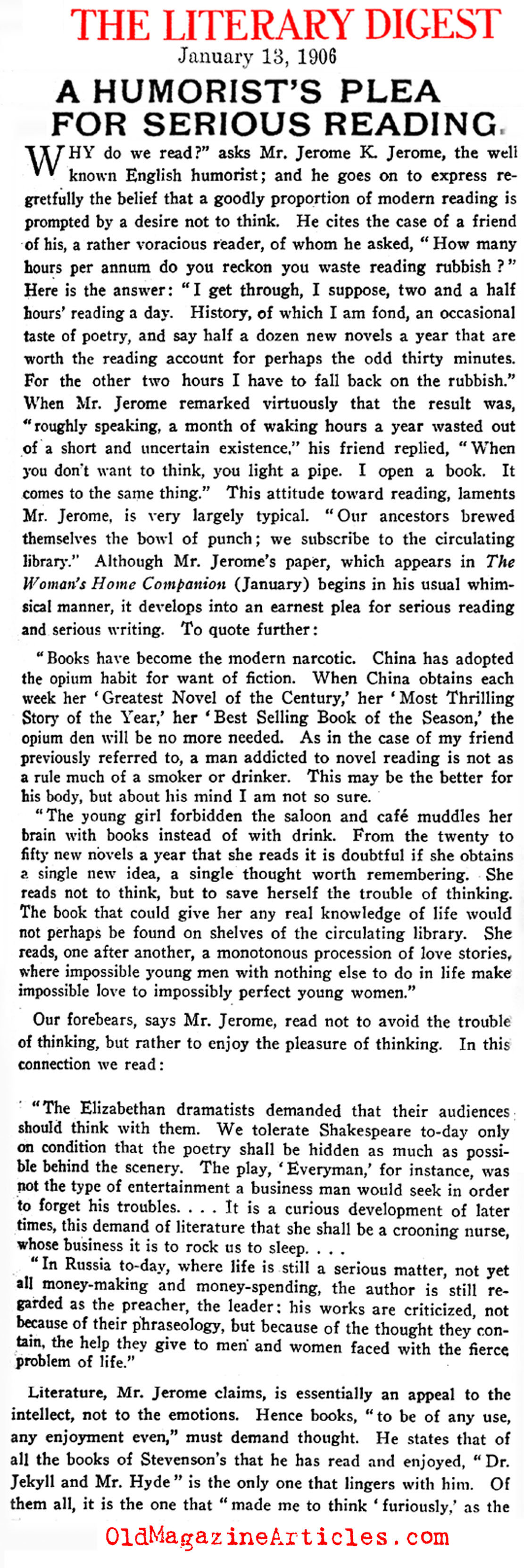 Jerome K. Jerome on Books (Literary Digest, 1906)