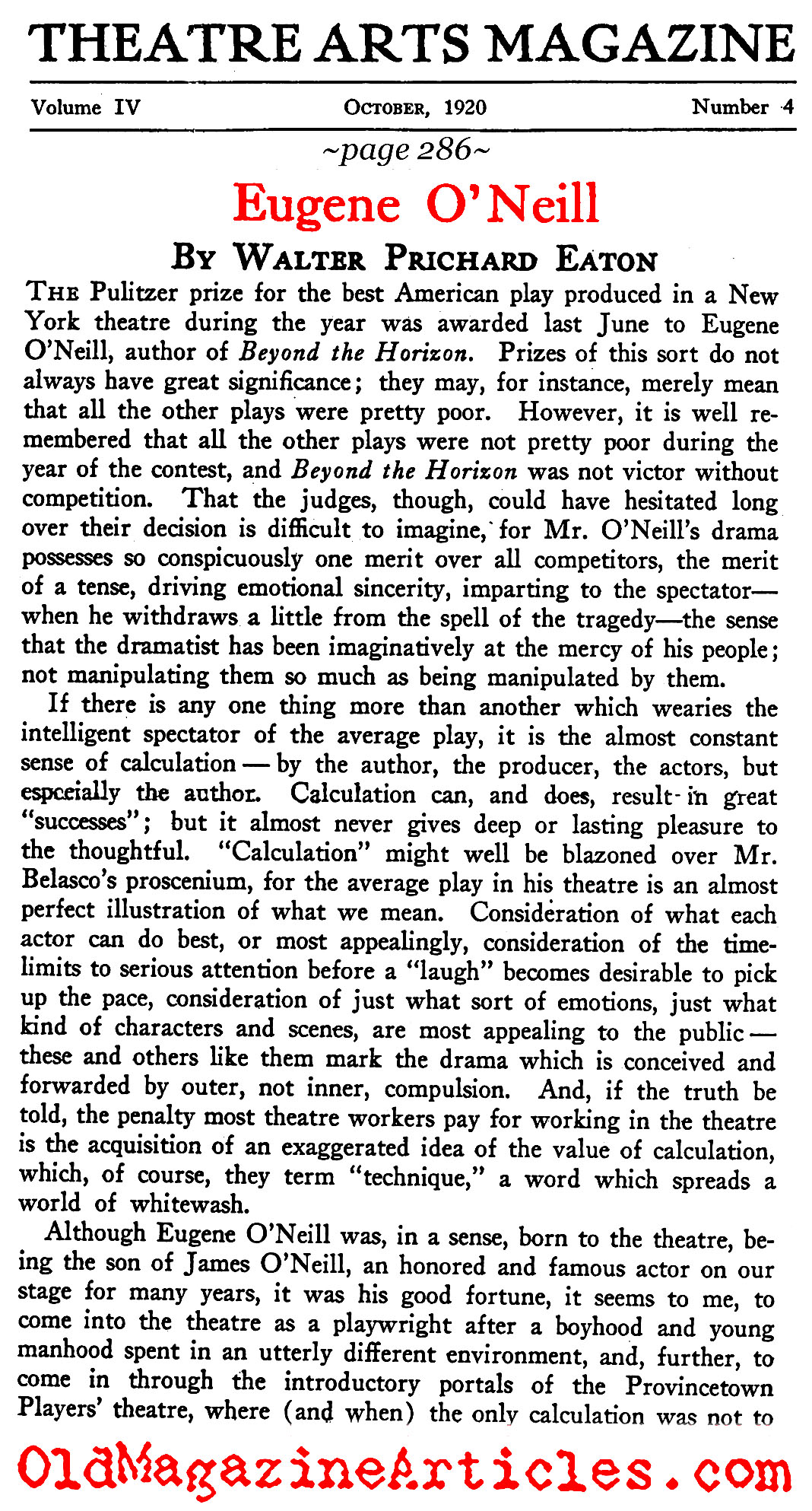 Harsh Words for Eugene O'Neill (Theatre Arts Magazine, 1920)