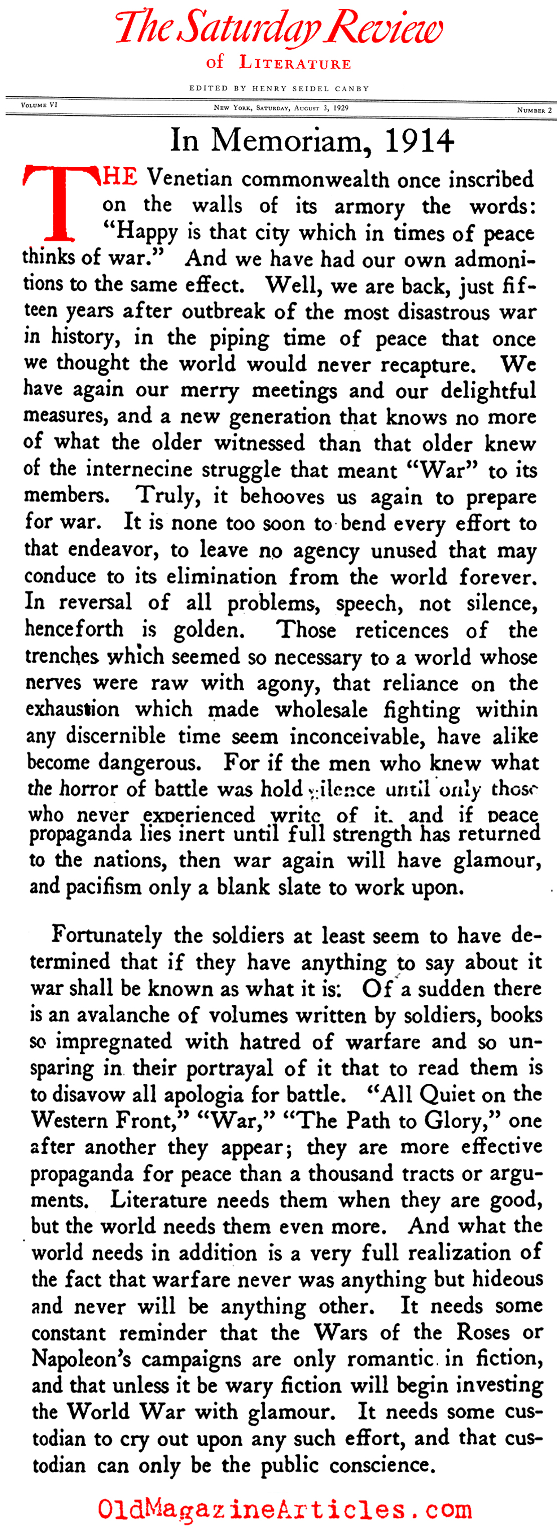 In Memorium, 1914 (Saturday Review of Literature, 1929)