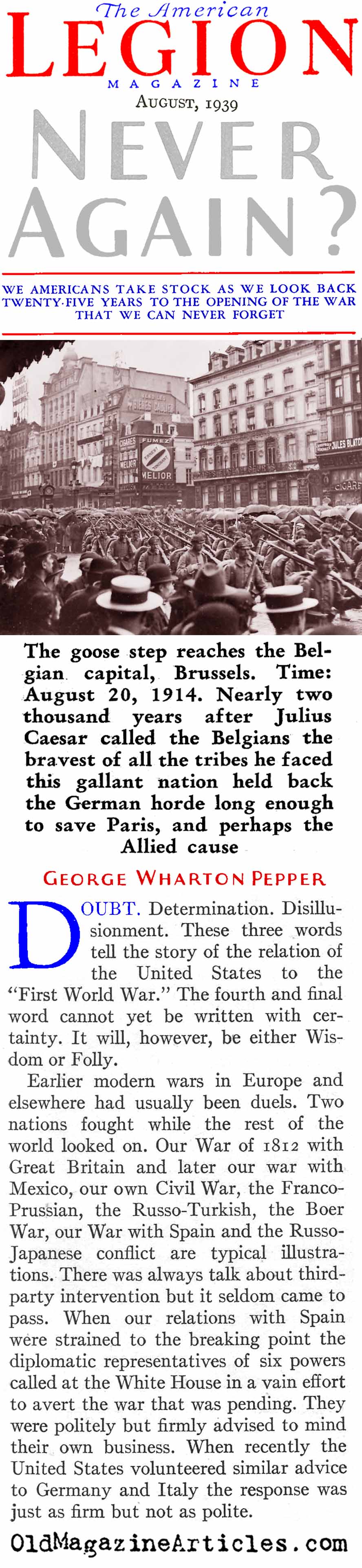 ''Never Again'' (American Legion Magazine, 1939)