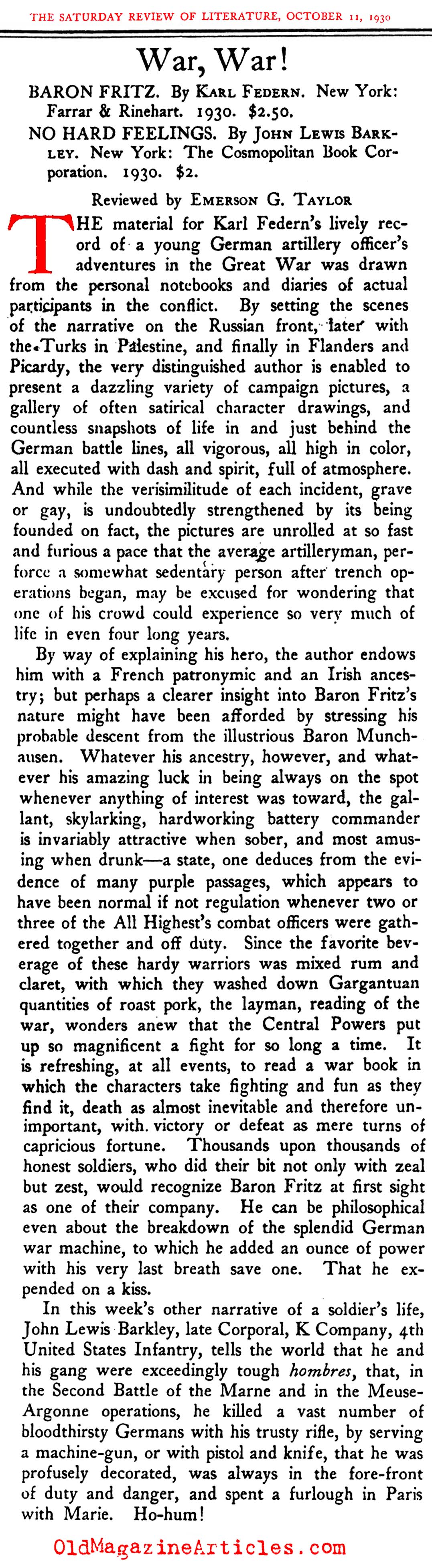 Baron Fritz & No Hard Feelings (Saturday Review of Literature, 1930)