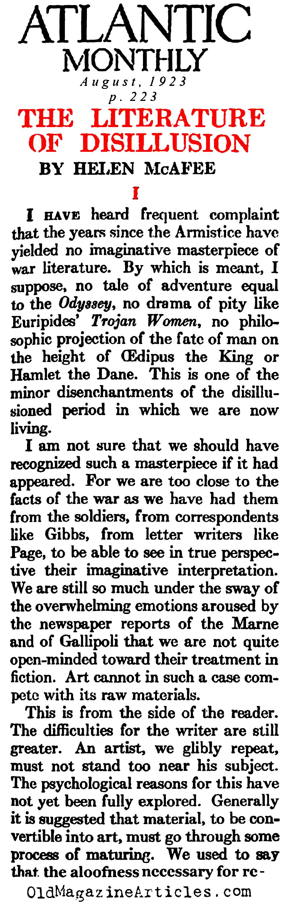 The Pessimism That Followed W.W. I   (Atlantic Monthly, 1923)