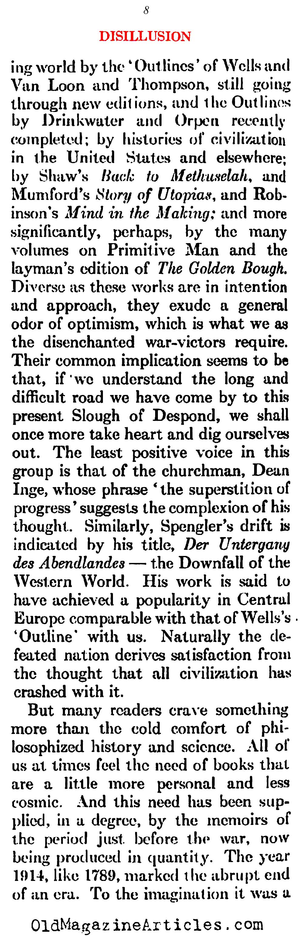 The Pessimism That Followed W.W. I   (Atlantic Monthly, 1923)