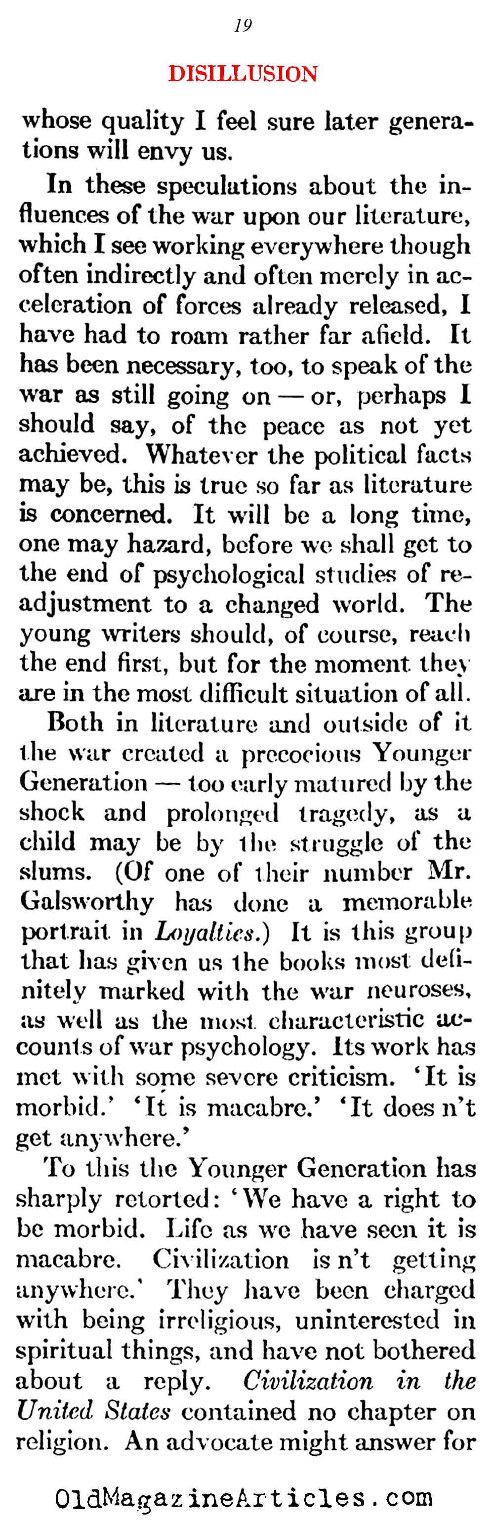 The Pessimism That Followed W.W. I   (Atlantic Monthly, 1923)