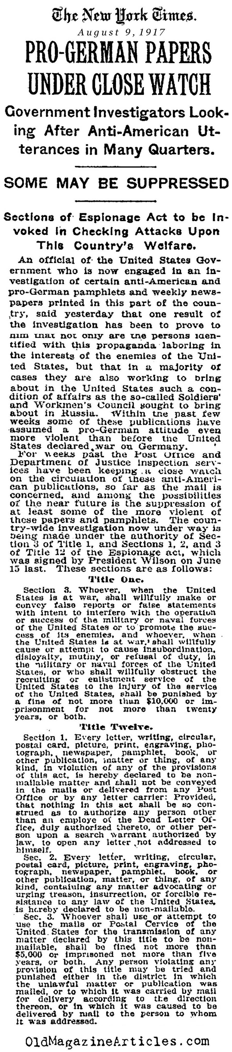 Controlling the Radical Presses (NY Times, 1917)