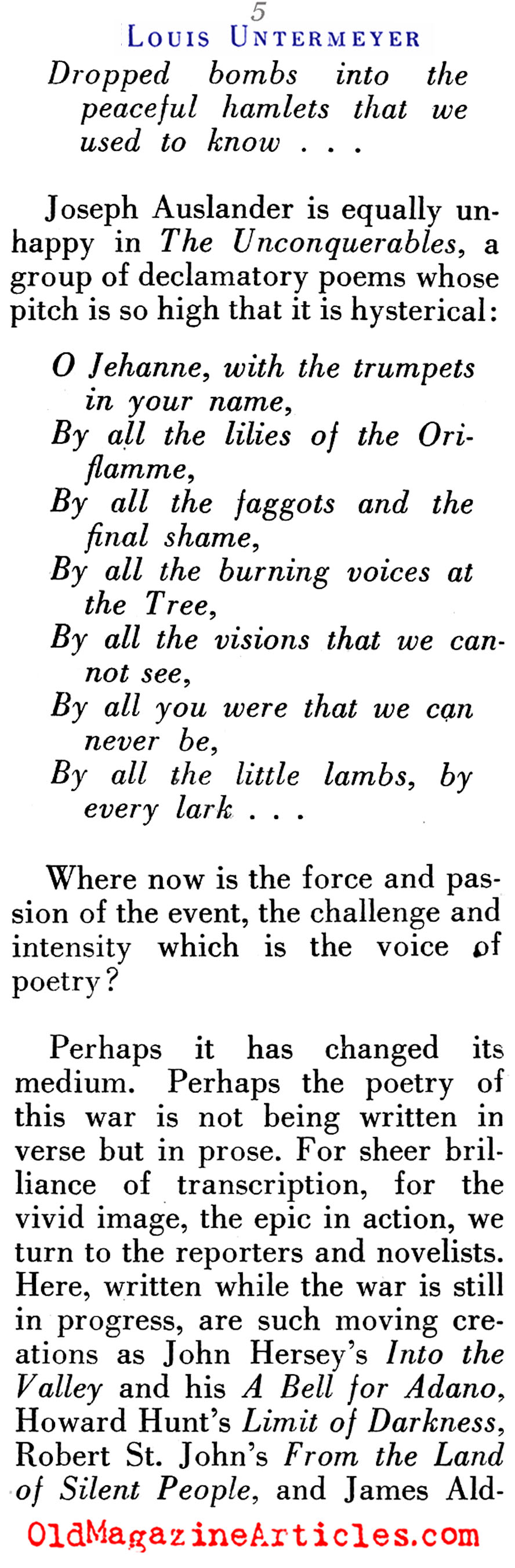 W.W. II and the Absent Poets (Pageant Magazine, 1944)