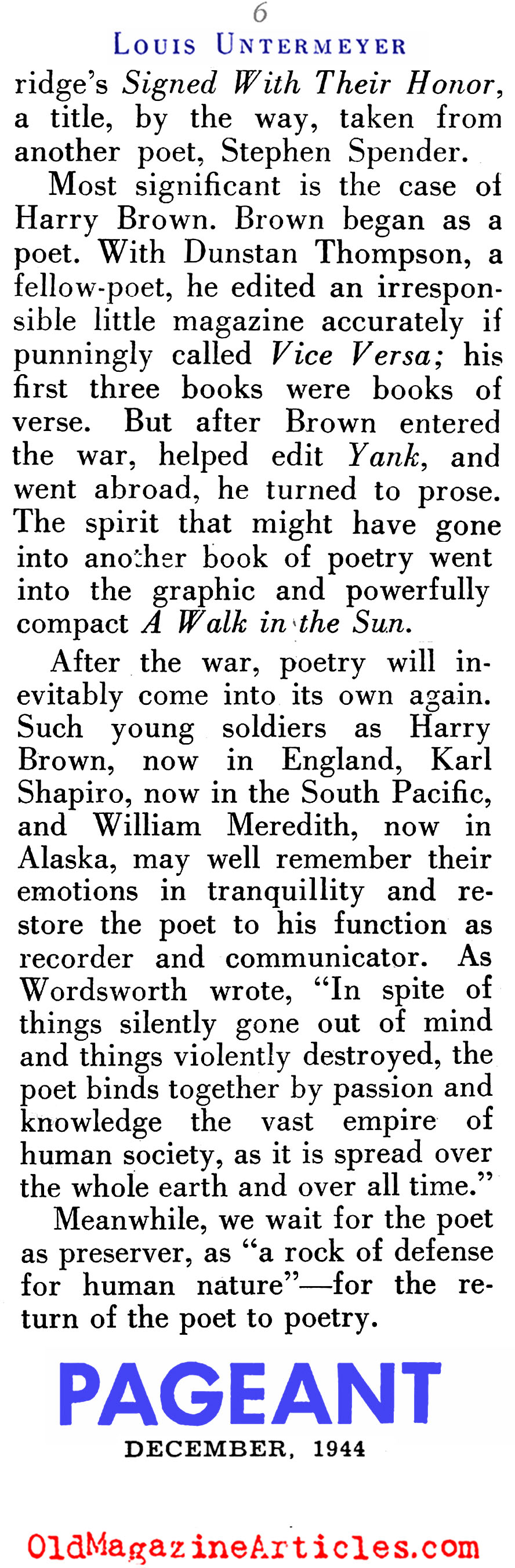 W.W. II and the Absent Poets (Pageant Magazine, 1944)