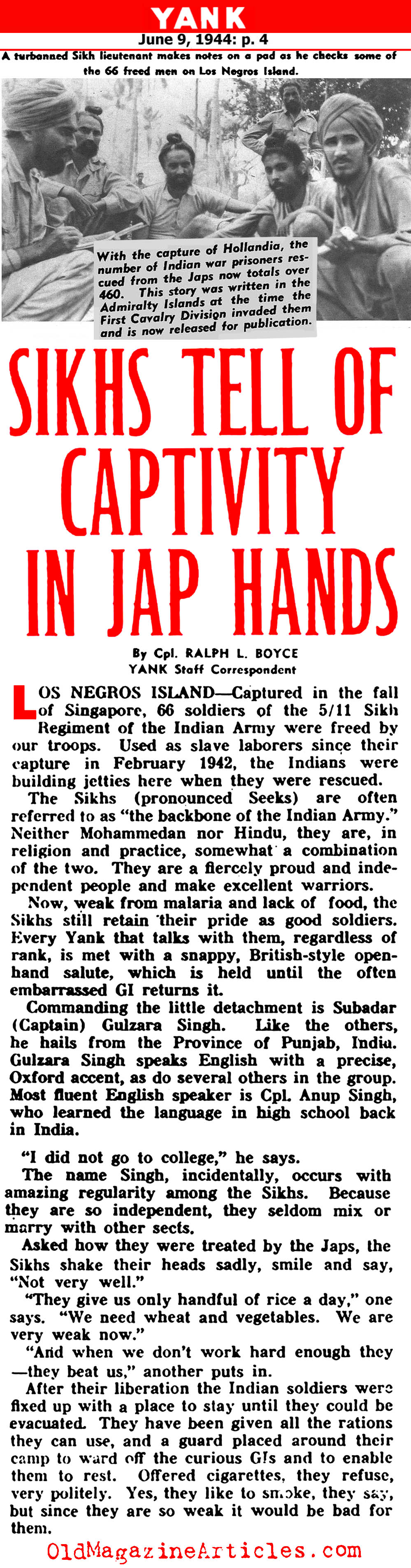 Indian Sikhs Tell of Japanese Prison Camps (Yank Magazine, 1944)