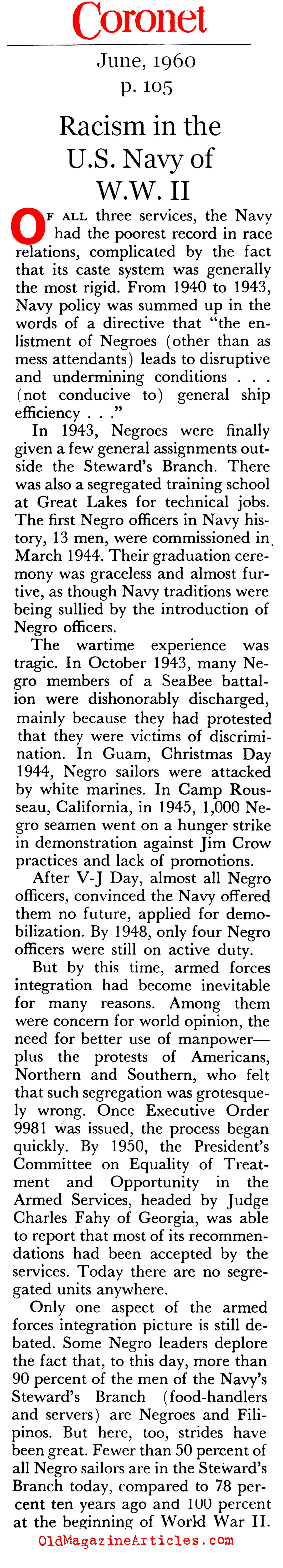 Racism in the U.S. Navy 1941 - 1945 (Coronet Magazine, 1960)
