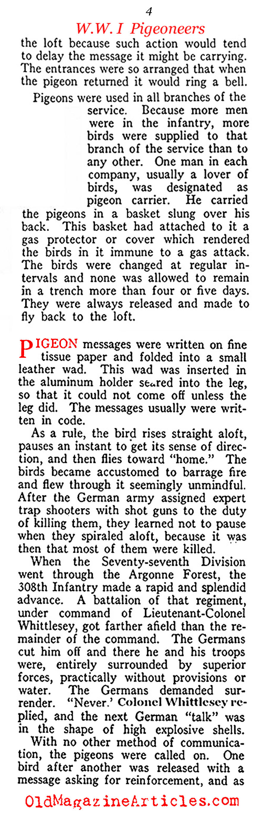 Carrier Pigeons of the US Army Signal Corps  (American Legion Weekly, 1919)