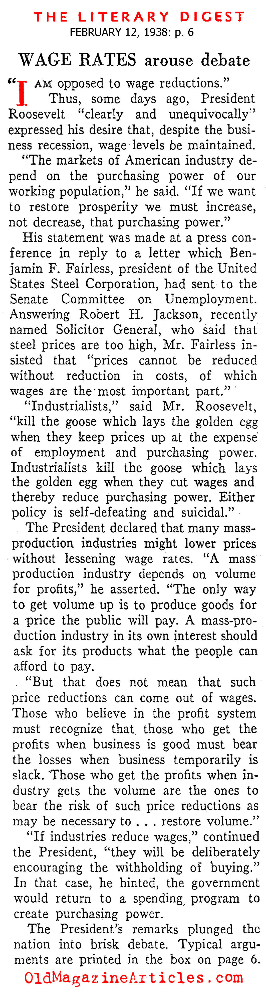 FDR on  Wage Reduction (Literary Digest, 1938)