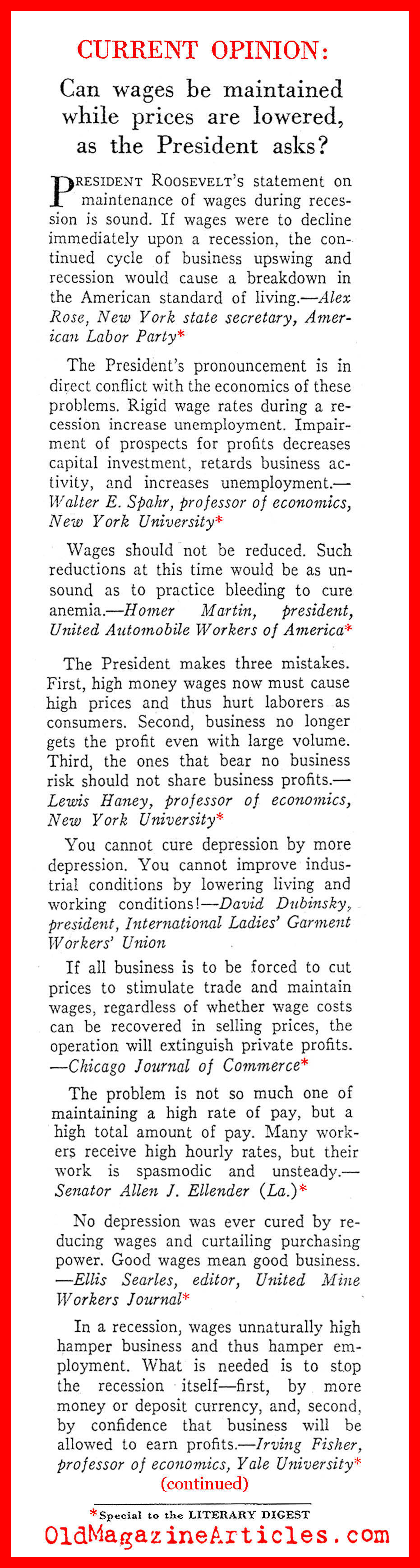 FDR on  Wage Reduction (Literary Digest, 1938)