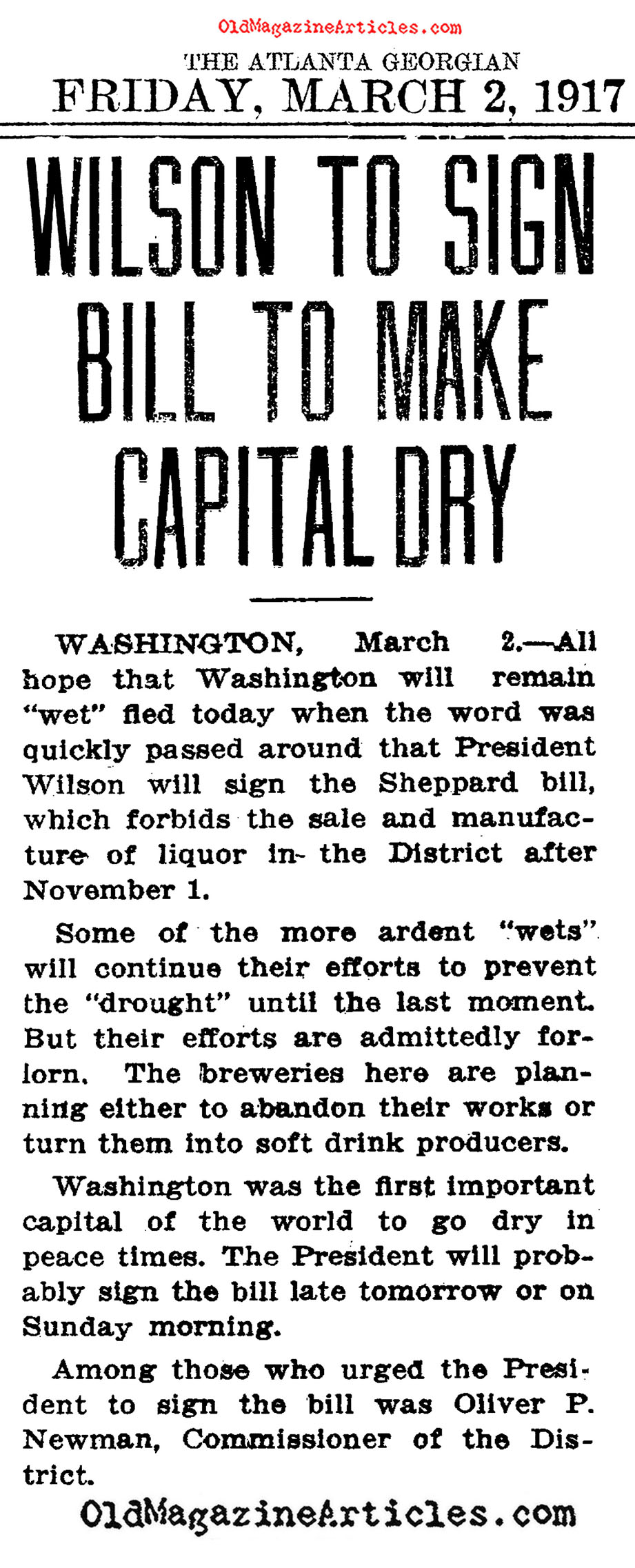 Prohibition Comes to Washington, D.C. (The Atlanta Georgian, 1917)