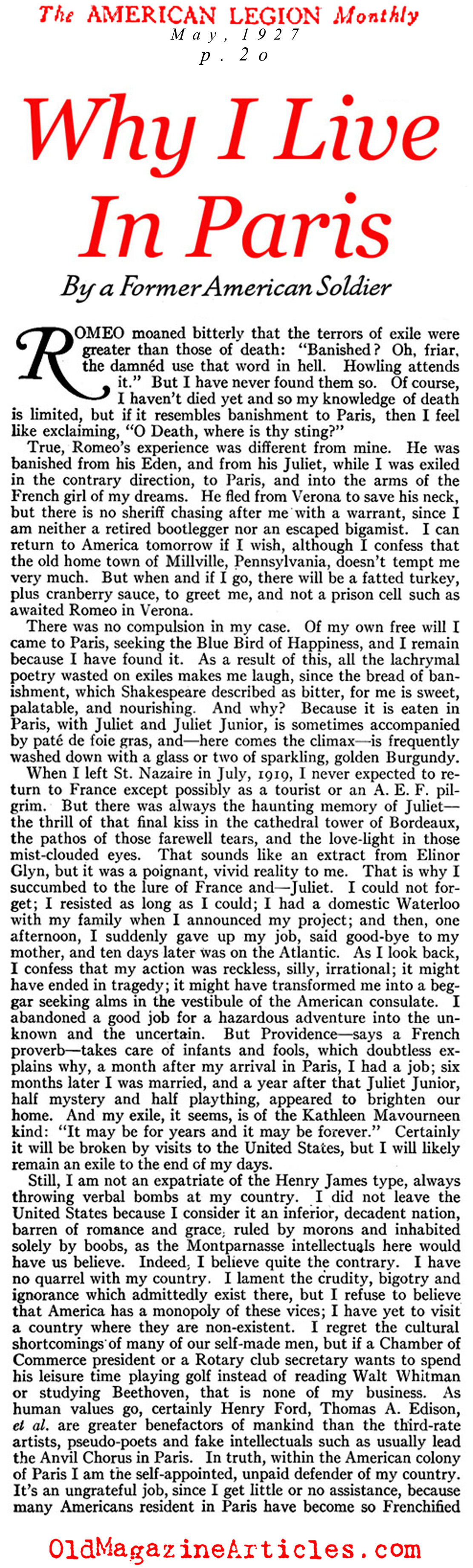 ''Why I Live in Paris'' by a Former American Soldier (American Legion Monthly, 1927)