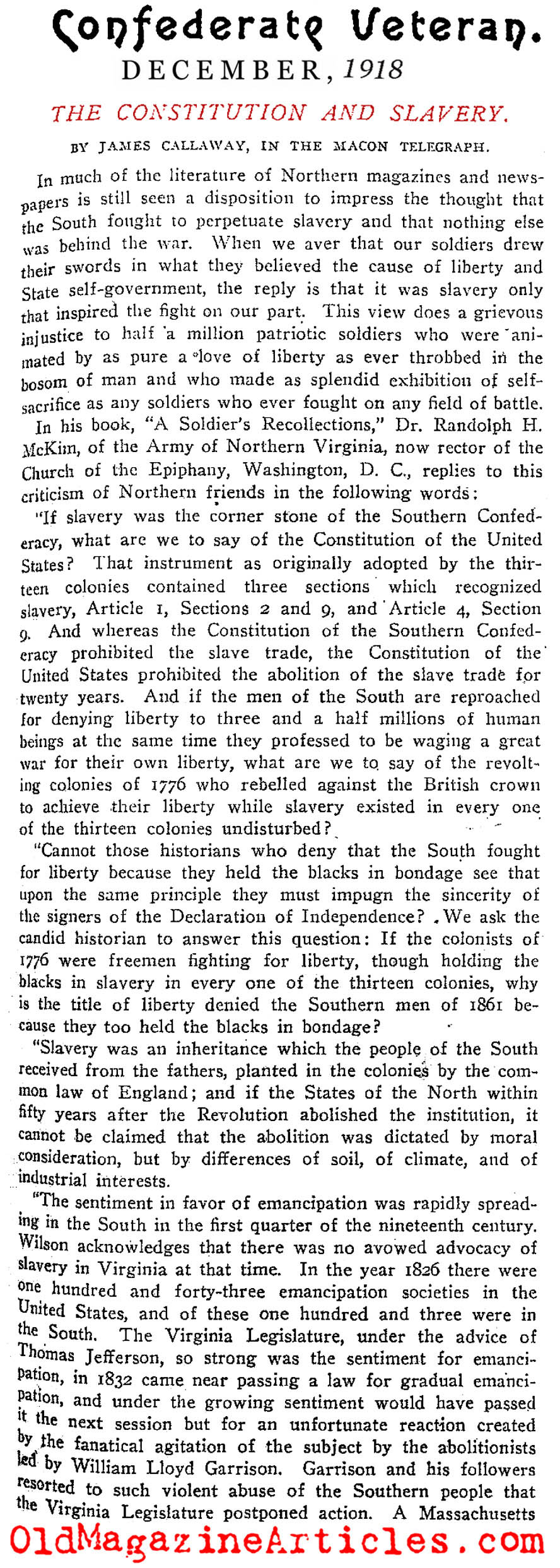 Why The Rebels Fought (Confederate Veteran Magazine, 1918)