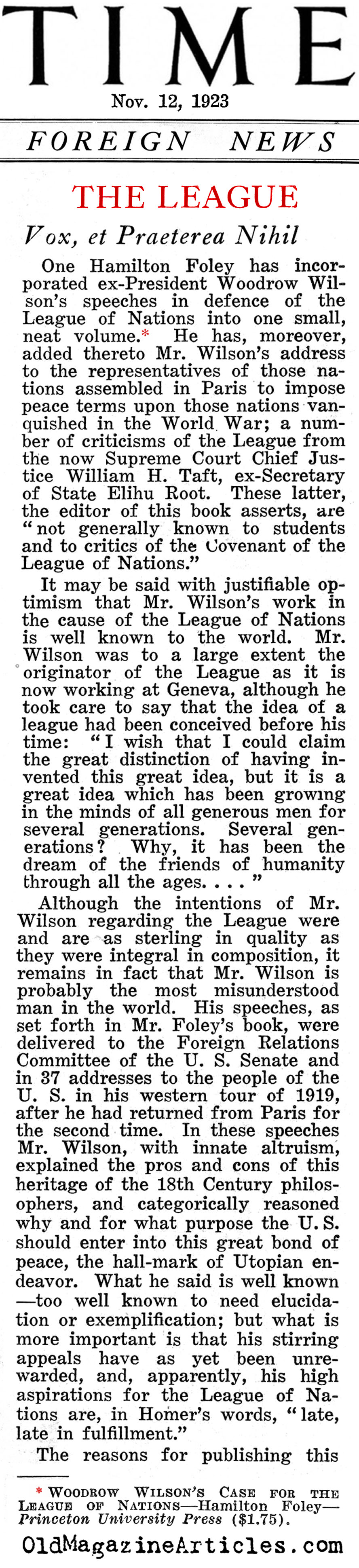 Wilson on the League (Time Magazine, 1923)