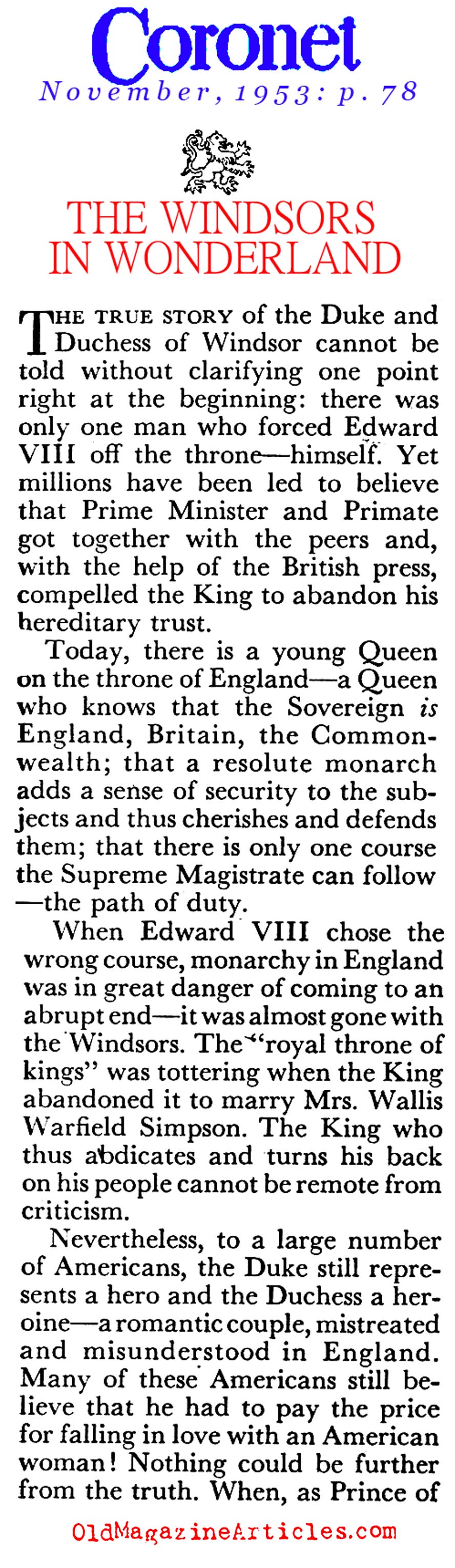 ''The Windsors in Wonderland'' (Coronet Magazine, 1953)