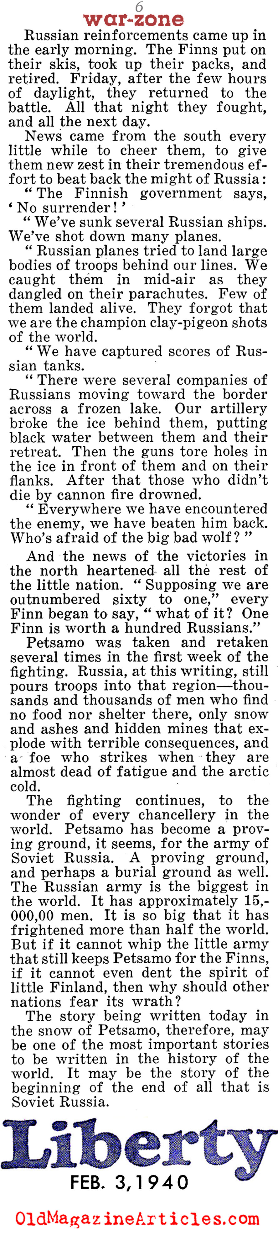 The War in Northern Finland<BR> (Liberty Magazine, 1940)