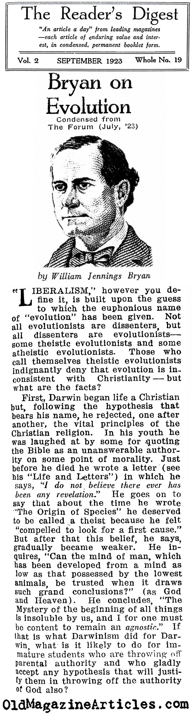 William Jennings Bryan on Evolution (Reader's Digest, 1923)