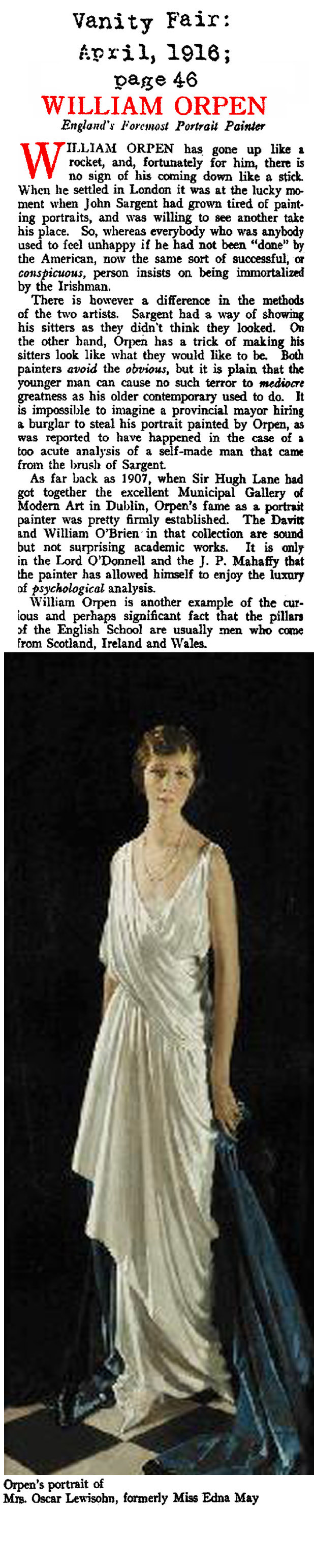 William Orpen and the Portrait of Mrs. Oscar Lewisohn (Vanity Fair Magazine, 1915)