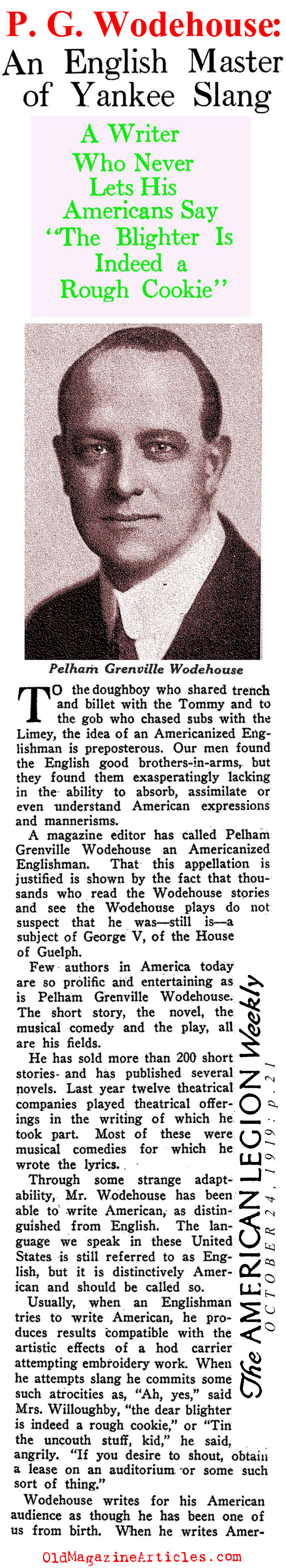 P.G. Wodehouse: Master of American Slang (American Legion Weekly, 1919)