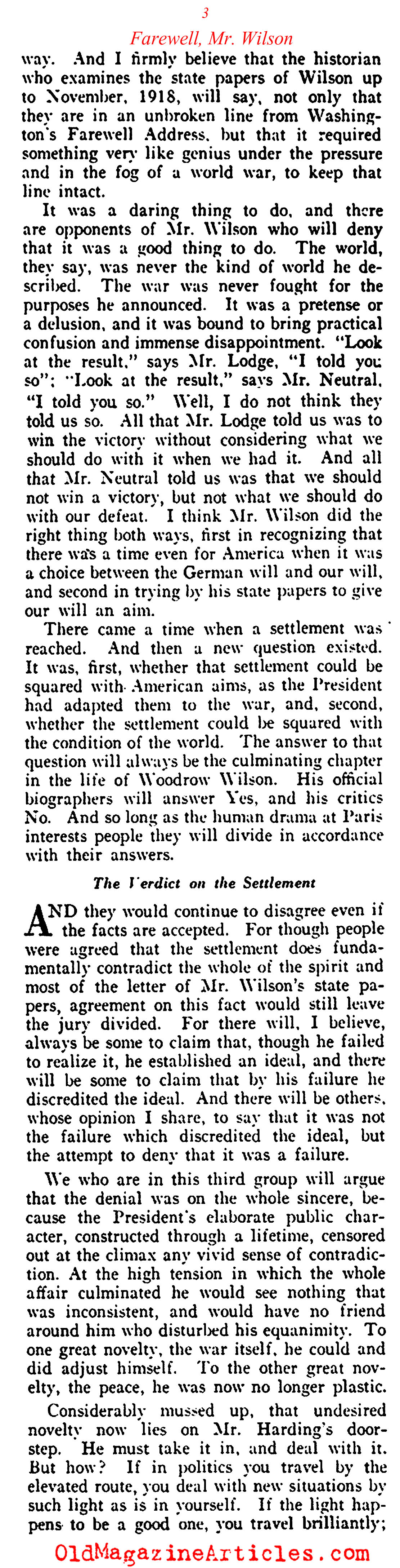 Farewell Woodrow Wilson (Vanity Fair Magazine, 1921)