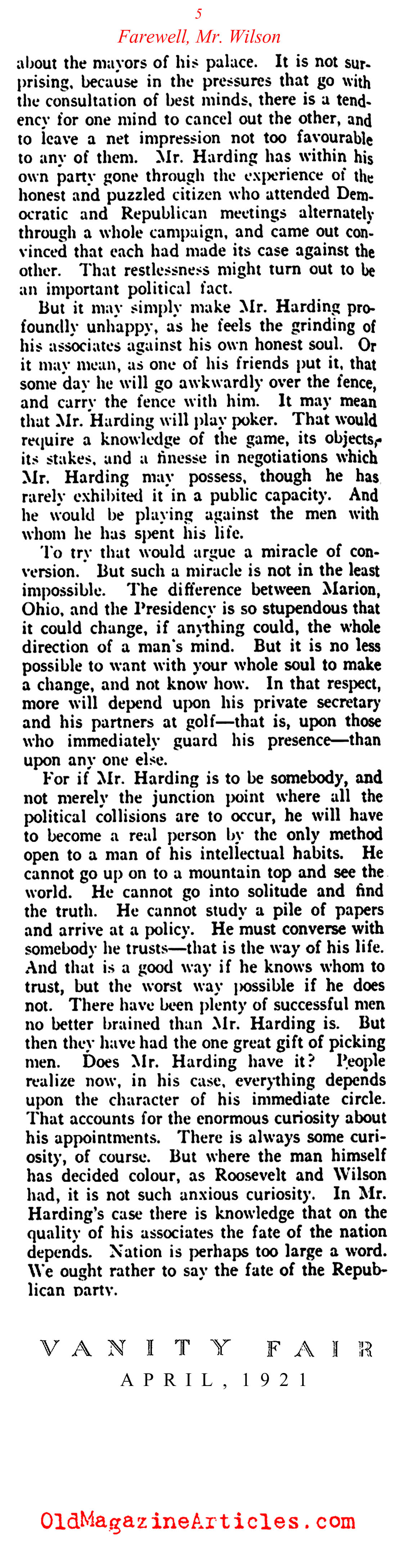 Farewell Woodrow Wilson (Vanity Fair Magazine, 1921)