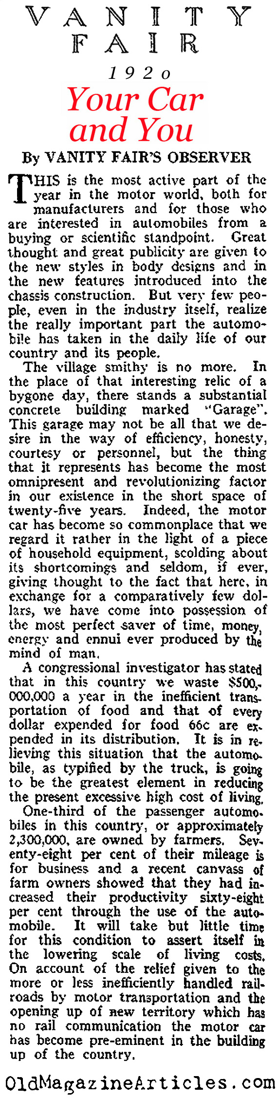 The Invention of the Car was Revolutionary (Vanity Fair Magazine, 1920)