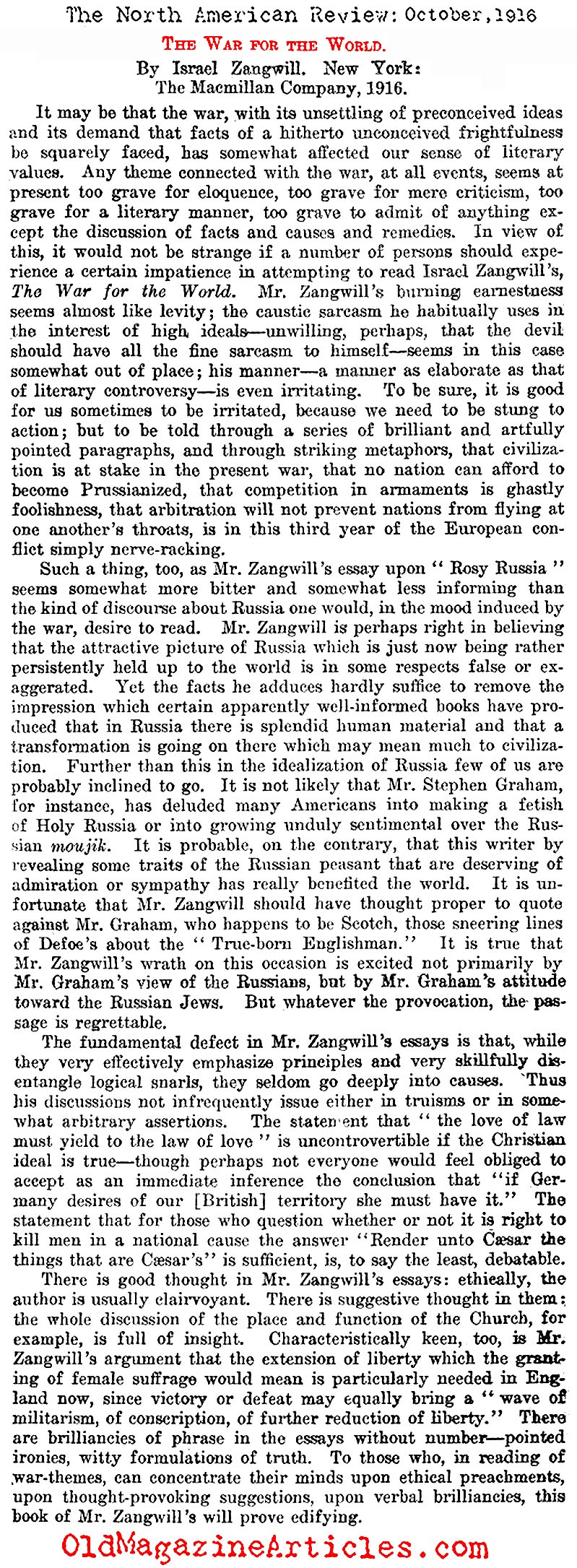 Israel Zangwill and the Great War (The North American Review, 1916)