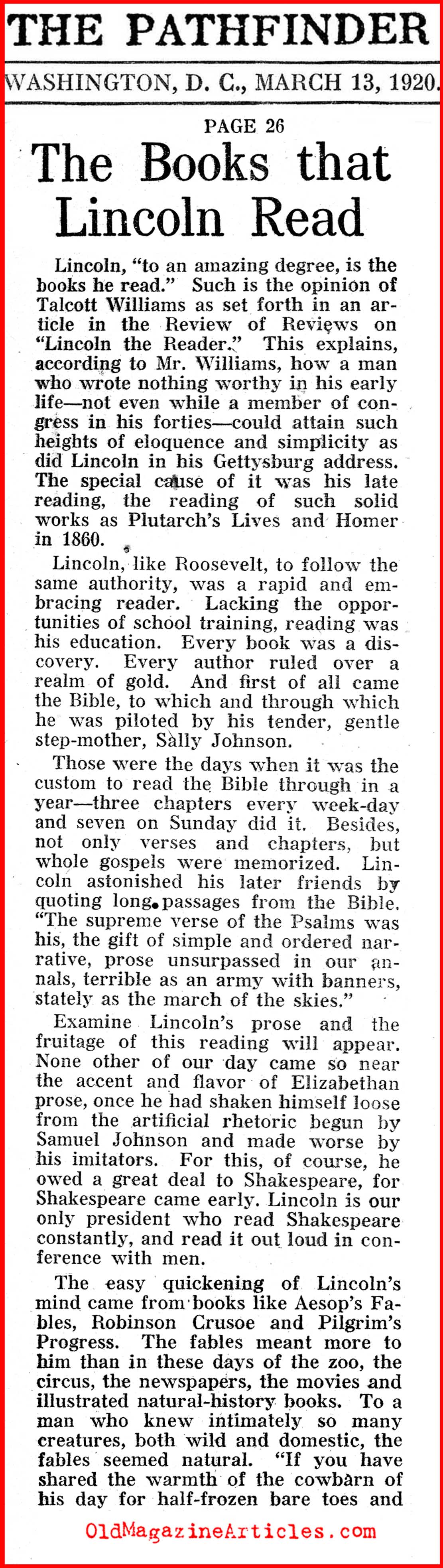 The Books Lincoln Read (Pathfinder Magazine, 1920)