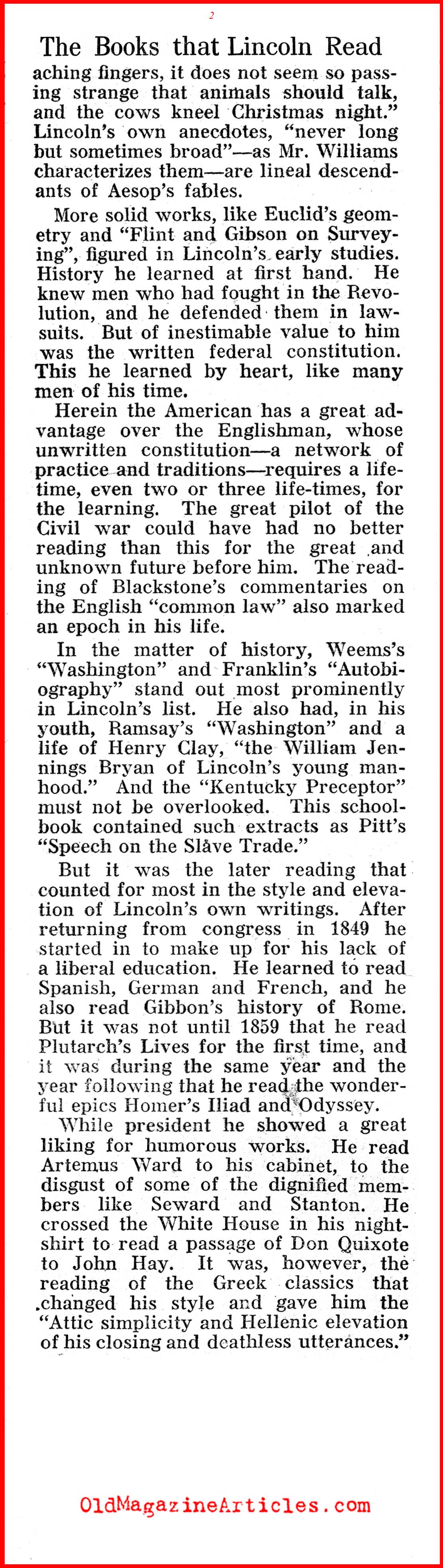 The Books Lincoln Read (Pathfinder Magazine, 1920)