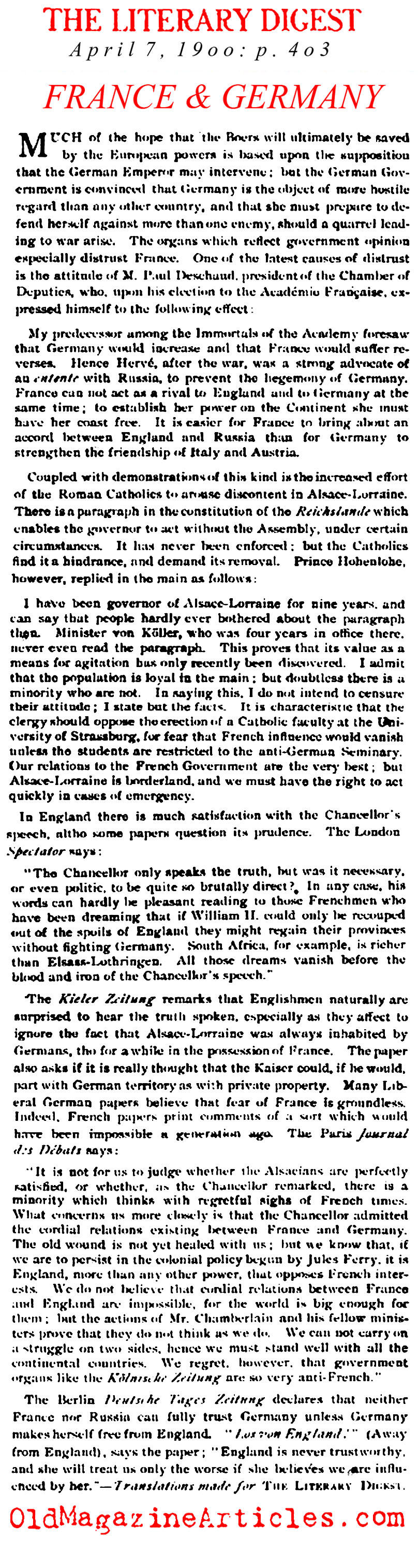 France, Germany & Alsace-Lorraine (Literary Digest, 1900)
