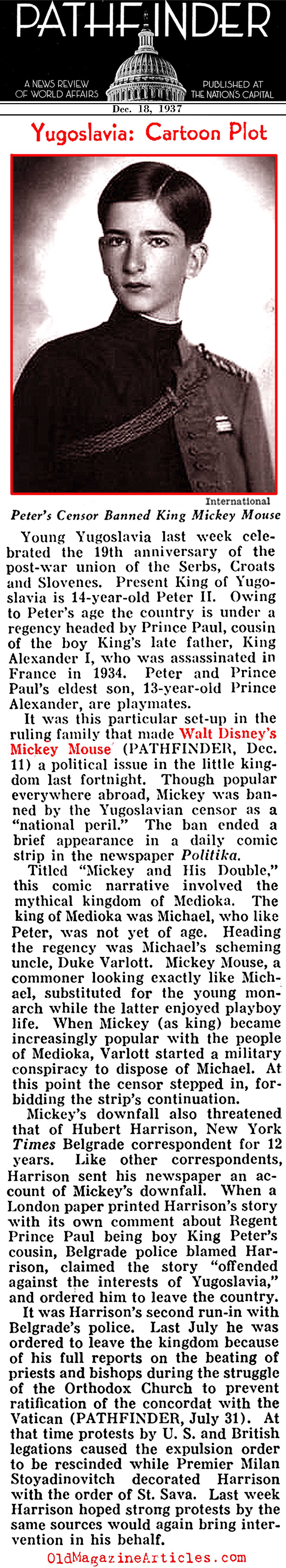 Mickey Mouse Banned in Yugoslavia (Pathfinder Magazine, 1937)