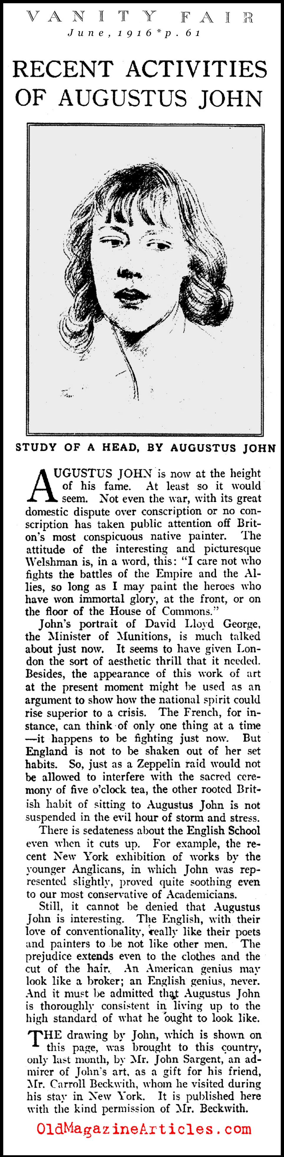 Augustus John on the British Homefront  (Vanity Fair Magazine, 1916)