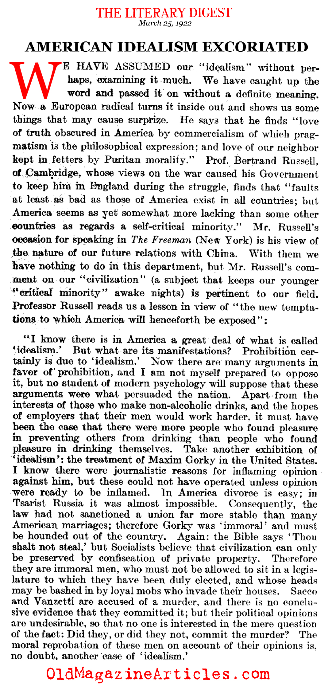 Bertrand Russell on American Intervention  (Literary Digest, 1922)