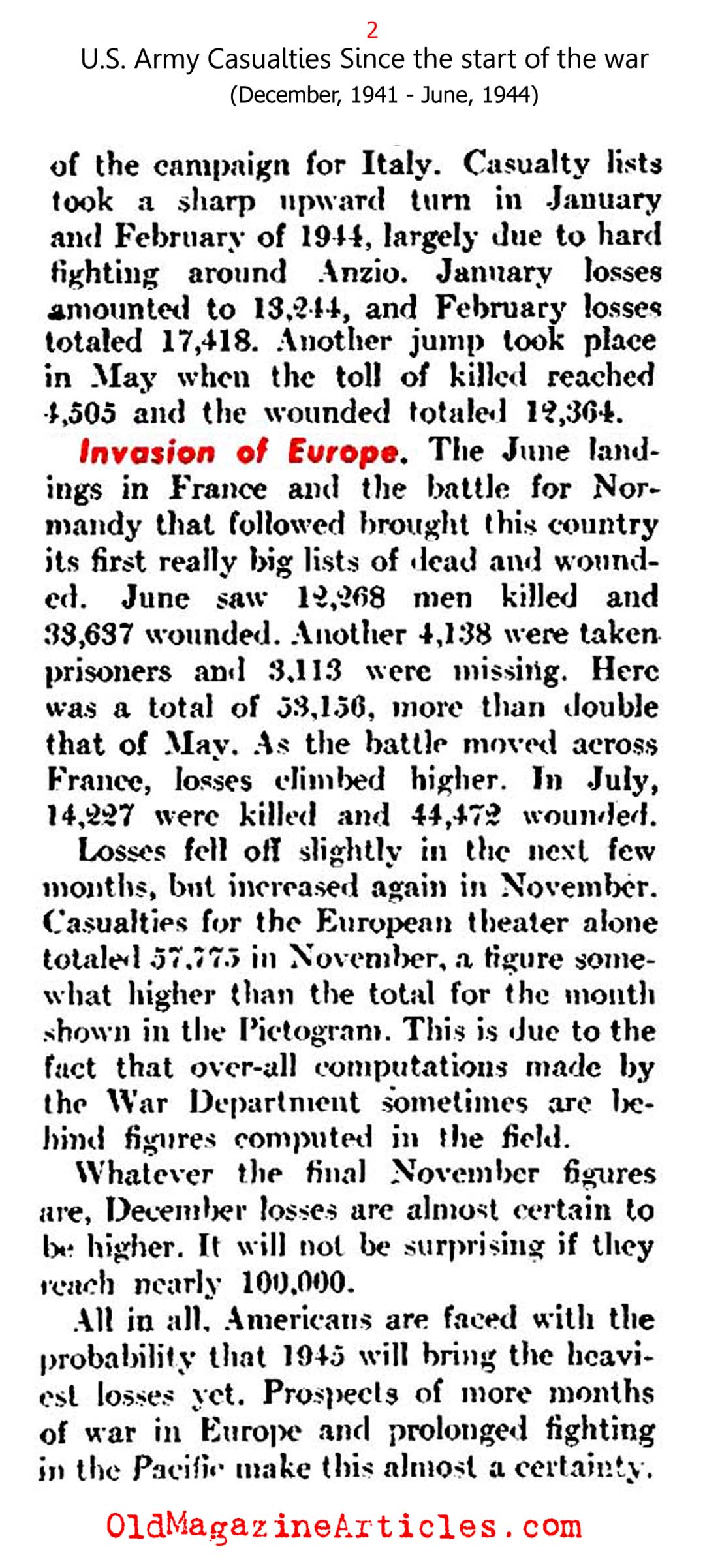 U.S. Army Casualties: 1941 - 1944 (United States News, 1944)