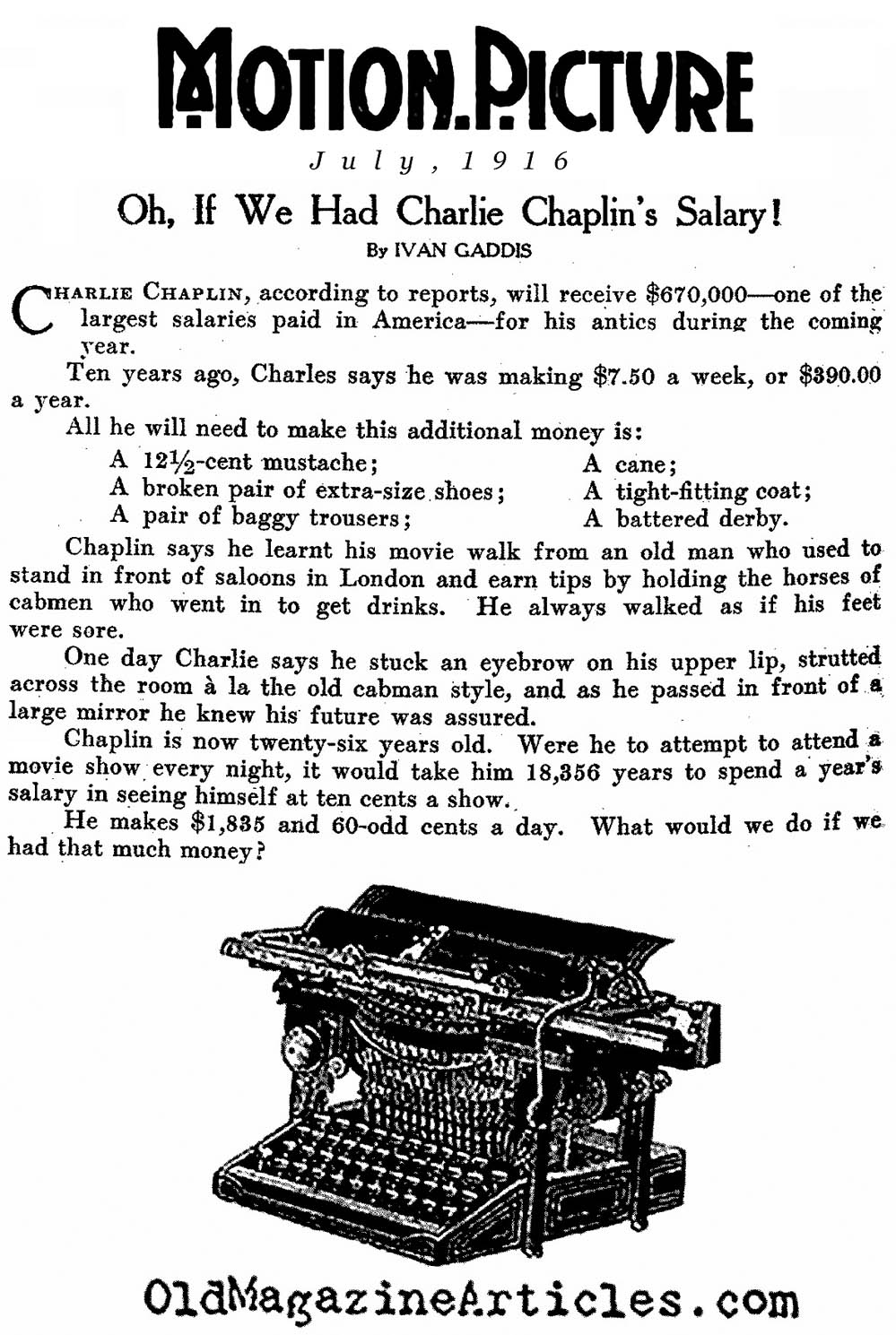 Charlie Chaplin's Salary and Other Concerns   (Motion Picture Magazine, 1916)