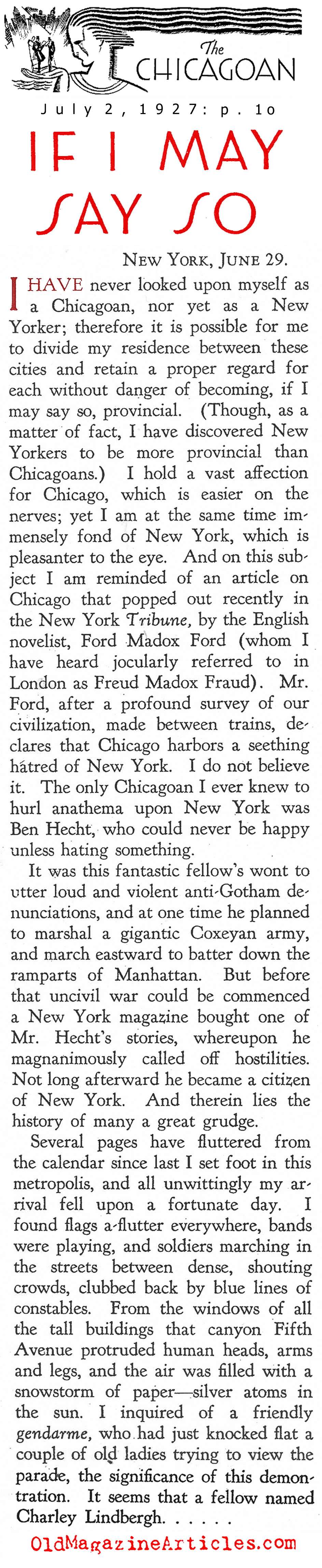 ''Charley'' Lindbergh in Brooklyn (The Chicagoan Magazine, 1927)
