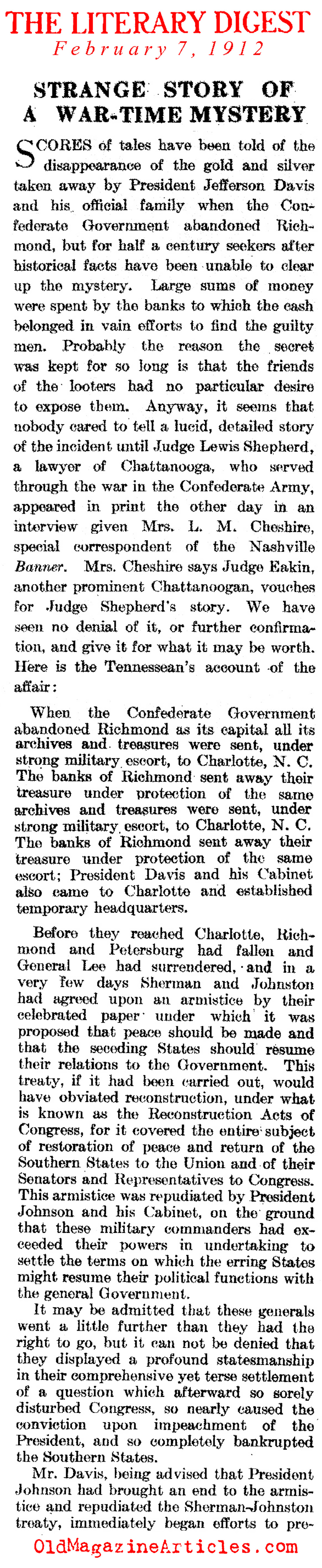 The Missing Confederate Gold (Literary Digest, 1912)